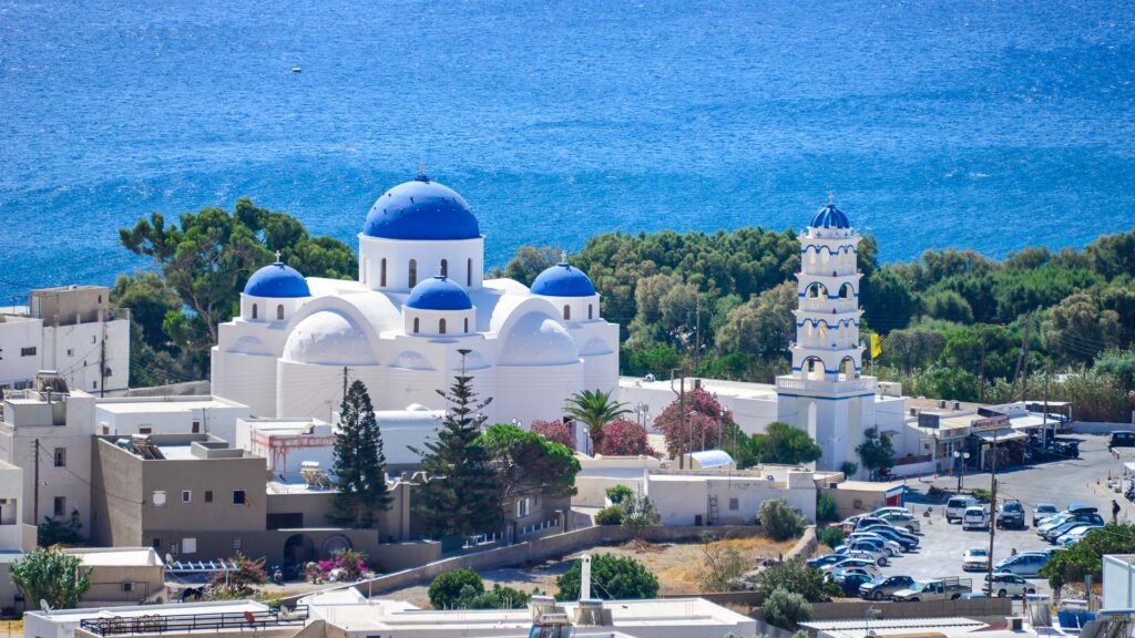 blue dome church in Santorini Greece