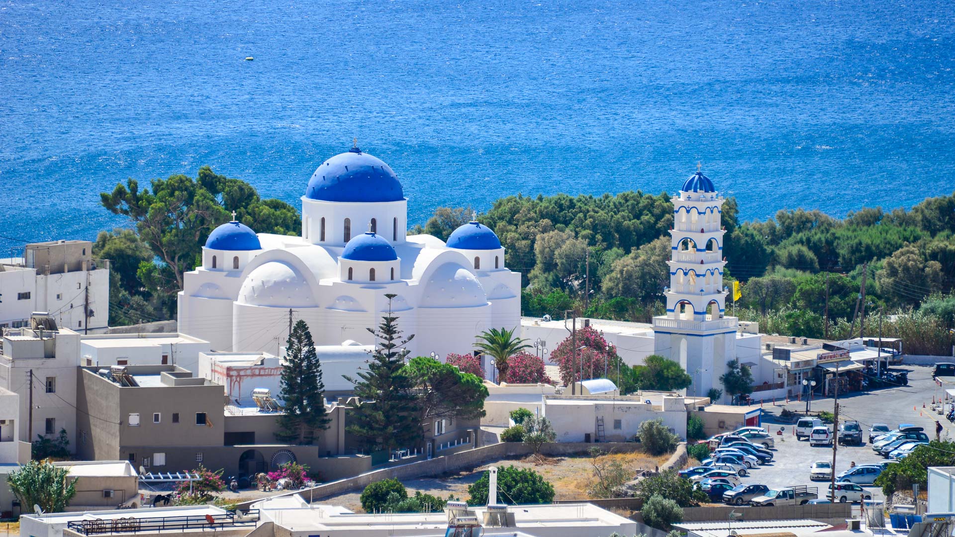 blue dome church in Santorini Greece